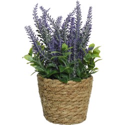 Lavendel kunstplant in gevlochten plantenmand - paars - D12 x H26 cm - Kunstplanten