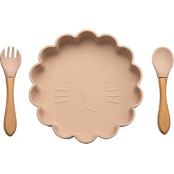 Siliconen Diner Set Lion Bordje en Bestek Beige