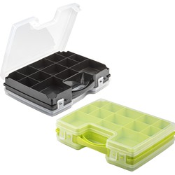 Forte Plastics - 2x Opberg vakjes doos/Sorteerbox - 21-vaks kunststof - 28 x 21 x 6 cm - zwart/groen - Opbergbox