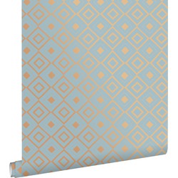 ESTAhome behang ruiten vintage blauw en glanzend koper bruin - 0,53 x 10,05 m - 128830