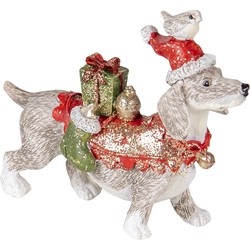 Clayre & Eef Beeld Hond 9x3x8 cm Wit Rood Polyresin Kerstdecoratie