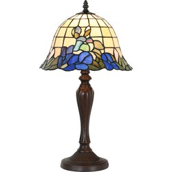 LumiLamp Tiffany Tafellamp  Ø 29x53 cm  Blauw Beige Glas Kunststof Rond Bloemen Tiffany Bureaulamp