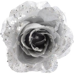 Zilveren glitter roos met clip - Kunstbloemen