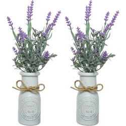 2x stuks lichtpaarse Lavendula/lavendel kunstplant 32 cm in witte pot - Kunstplanten