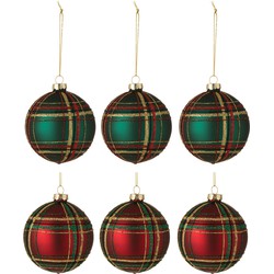 J-line - Doos Van 6 Kerstballen Geruit Glas 3rood/3groen Small - 8x8x8cm