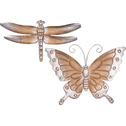 Set van 2x stuks metalen vlinder en libelle lichtbruin/brons 29 en 46 cm tuindecoratie - Tuinbeelden