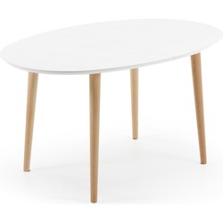 Kave Home - Oqui ovale uitschuifbare tafel, wit gelakt MDF en beukenhouten poten 140 (220) x 90 cm