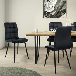 Eetkamerstoel set van 4 vierkant gewatteerde zwart fluwelen bekleding met metalen poten incl. montagemateriaal ML-Design