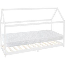 Kinderbed huisbed 90x200 cm wit gemaakt van grenenhout incl. matras H-16cm houten bed met dak en lattenbodem ML design