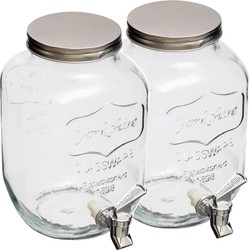 2x stuks glazen drank dispenser - 8 liter - met metalen kraantje en schroefdeksel - Drankdispensers