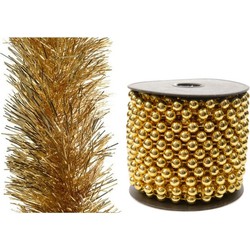 Set van kralenslinger 10 mtr en folie slinger 2,7 m goud - Kerstslingers