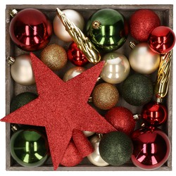 Kunststof kerstballen - 45x stuks - met ster piek - groen,creme,rood - Kerstbal