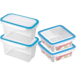 4x Voedsel plastic bewaarbakjes 1,2 en 1 liter transparant/blauw - Vershoudbakjes