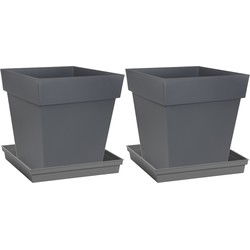 Set van 2x stuks bloempotten Toscane vierkant kunststof antraciet grijs 32 x 32 x 32 cm inclusief on - Plantenpotten