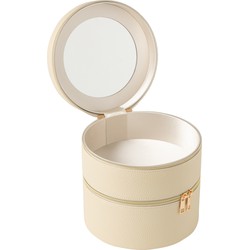 J-line - Cosmetica Doos Rond+spiegel Kunstleder Beige - 19.5x19.5x19.5cm