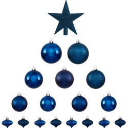 Set van 17x stuks kunststof kerstballen met ster piek donkerblauw - Kerstbal