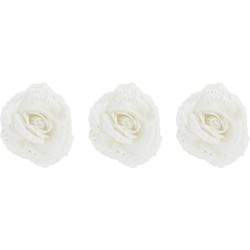 3x stuks decoratie bloemen roos wit glitter op clip 18 cm - Kunstbloemen