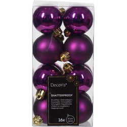 Decoris kleine kerstballen - 16x st - paars - 4 cm - kunststof - Kerstbal