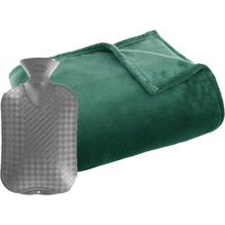 Fleece deken/plaid groen 125 x 150 cm en een warmwater kruik 2 liter - Plaids