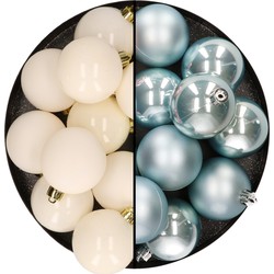 Kunststof kerstballen 6 cm - 24x stuks - wol wit en lichtblauw - Kerstbal