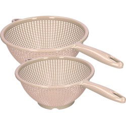Plasticforte Keuken vergieten/zeef met steel - 2x stuks - kunststof - Dia 22/24 cm - beige - Vergieten