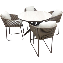 Set van Calma high dining tafel dia. 120 cm alu bronze/travertin en 4 Calera high dining chairs alu bronze/white
