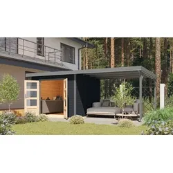 Karibu tuinhuis Pluto C met overkapping zwart-grijs, 571 x 271 cm