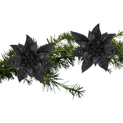 2x stuks kerstboom bloemen kerstster zwart glitter op clip 15 cm - Kersthangers
