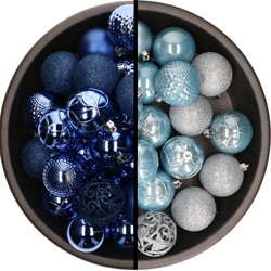 Kunststof kerstballen 74x stuks kobalt blauw en lichtblauw 6 cm - Kerstbal