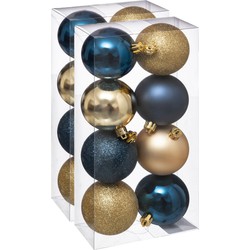 16x stuks kerstballen mix blauw/champagne glans en mat kunststof 7 cm - Kerstbal