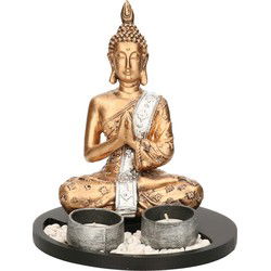 Concorde Boeddha beeld waxinelichthouder - goud/wit - 20 cm - Beeldjes