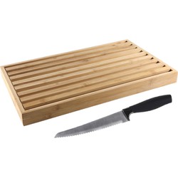 Bamboe houten brood snijplank met kruimel opvangbak bruin 42 cm met broodmes - Snijplanken