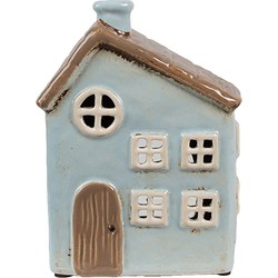 Clayre & Eef Waxinelichthouder Huis 12x9x15 cm Blauw Bruin Keramiek Theelichthouder