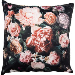 Clayre & Eef Kussenhoes  45x45 cm Zwart Roze Polyester Bloemen Sierkussenhoes