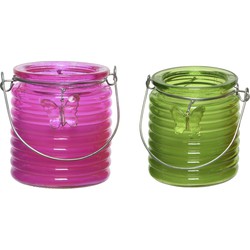 Citronella kaars - 2x - in windlicht - roze en groen - 20 branduren - citrusgeur - geurkaarsen