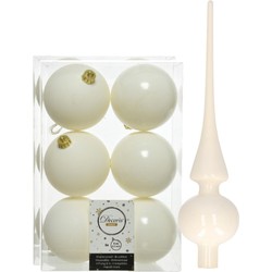 Set van 12x stuks kunststof kerstballen 8 cm en glazen piek wol wit - Kerstbal