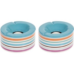 Set van 2x stuks terras asbakken/stormasbakken rond keramiek 14 x 7,5 cm blauw met streep - Asbakken