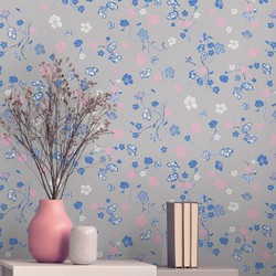 Livingwalls behang bloemmotief grijs, blauw, roze en wit - 53 cm x 10,05 m - AS-389074