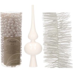 Witte kerstversiering/kerstdecoratie set piek, 1x folielslinger, 1x kralenslinger - Kerstslingers