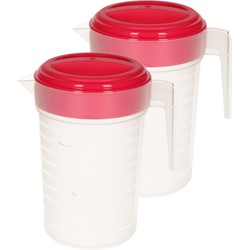 2x stuks waterkan/sapkan transparant/fuchsia roze met deksel 1 liter kunststof - Schenkkannen