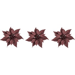 3x stuks decoratie bloemen kerstster donkerrood glitter op clip 18 cm - Kunstbloemen