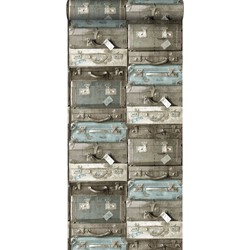 ESTAhome behang vintage koffers zeegroen en bruin
