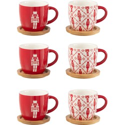 J-line - Doos 6 Koffietassen + Schotels Bambou Notenkraker Cadeaudoos Keramiek Rood - 11x11x6cm