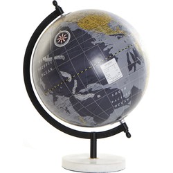 Decoratie wereldbol/globe donkerblauw op marmeren voet 22 x 30 cm - Wereldbollen