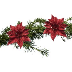 2x stuks kerstboomversiering bloemen op clip rode kerstster 18 cm - Kersthangers