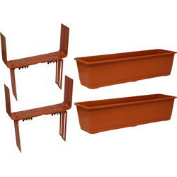 Set van 2 kunststof plantenbakken terracotta rechthoekig 60 cm met 4 verstelbare balkon/muurbeugels - Plantenbakken