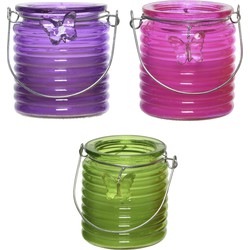 Citronella windlicht met kaars - 3x - paars/roze en groen - 20 branduren - citrusgeur - geurkaarsen