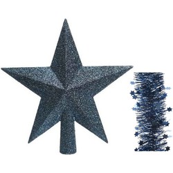 Kerstversiering kunststof glitter ster piek 19 cm en sterren slingers pakket donkerblauw 3x stuks - kerstboompieken