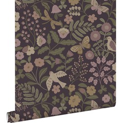 ESTAhome behang bloemen en vogels aubergine paars, olijfgroen en lila paars - 50 x 900 cm - 139871