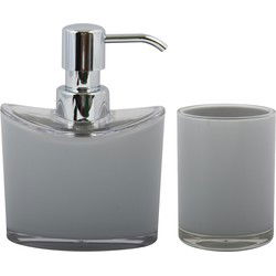 MSV Zeeppompje en drink/tandenborstel beker - badkamer set Aveiro - kunststof - lichtgrijs - Badkameraccessoireset